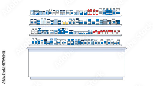 Minimalist outline illustration of pharmacy shelves stocked with assorted medicine bottles and prescription drugs, representing healthcare and pharmaceutical industry.