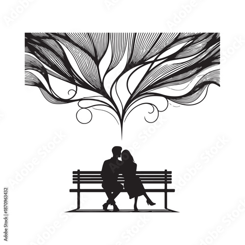 A loving couple finds solace on a bench beneath a beautiful abstract art canopy