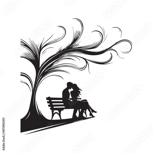 Romantic silhouette of a loving couple sharing a kiss under a beautifully stylized tree