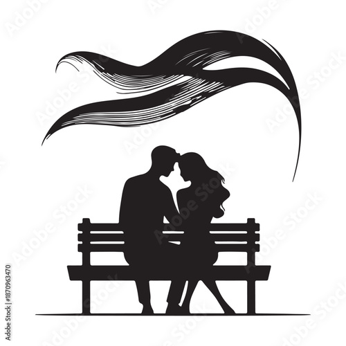 A loving couple's intimate silhouette on a bench with an artistic wavy element above
