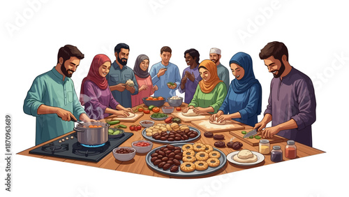 A diverse group of people enjoying a meal together, preparing food and sharing a joyful moment