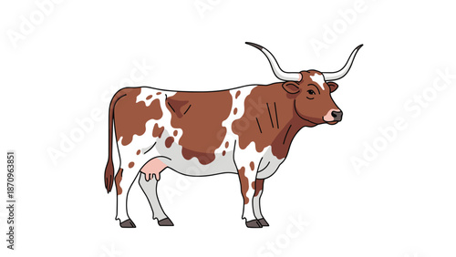 Distinct pixel art illustration of a brown and white cow with prominent longhorns, representing an iconic breed and agricultural livestock.