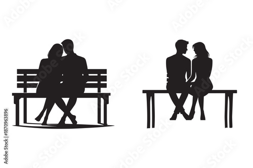 Romantic silhouettes of couples: a pair on a park bench and another sitting intimately
