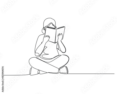 Continuous line drawing of a person reading a book in a relaxed pose.
