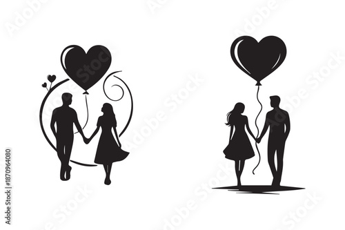 Romantic silhouettes of a couple holding hands with heart balloons, symbolizing love and connection