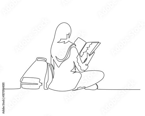Continuous line drawing of a girl sitting on the floor reading a book.