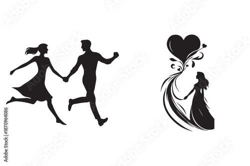 Silhouettes of love: a running couple and a woman with a floating heart