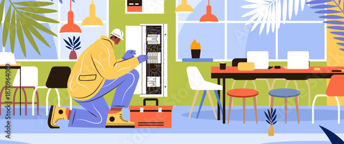 Electrician repairing circuit breaker office workspace plants modern interior toolbox safety helmet gloves colorful flat design