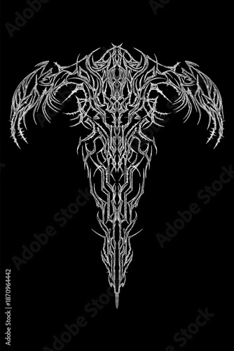Trendy cybersigilism abstract ornament, gothic neo-tribal tattoo design, sharp thorny shapes in Y2K aesthetic, dark aesthetic vector illustration isolated on black background
