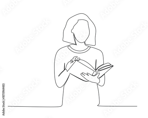 Continuous line drawing of a woman reading a book with a thoughtful expression.
