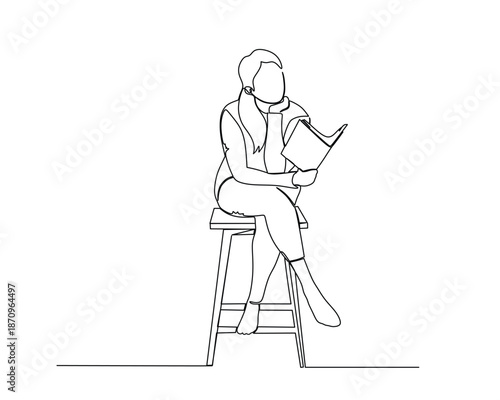 Simple line drawing of a person sitting on a stool reading a book.
