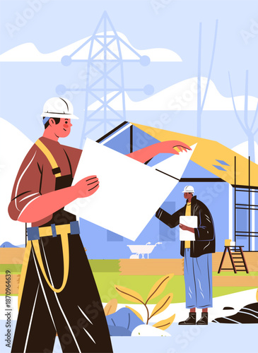 Construction workers blueprint planning building site teamwork safety helmets outdoor scaffolding power lines modern flat color