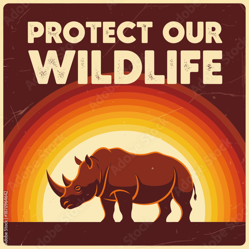 Rhino Silhouette with Sunset - Wildlife Conservation Message