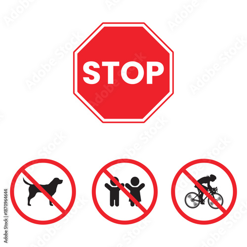 Stop signs set vector illustration, animals, children, bicycle, transportation. Can be used for institutions, public places vector