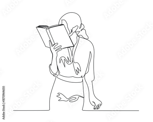 Continuous line drawing of a person reading a book with face obscured.