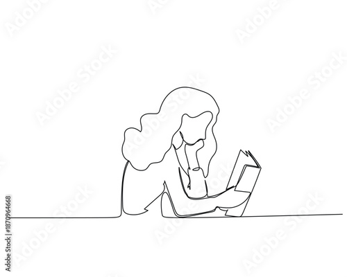 Continuous line drawing of a woman reading a book.