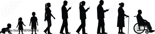 Black Silhouette Vector Illustration Depicting Human Life Cycle Stages from Infancy to Senior Age with People Using Smartphones and Mobile Devices
