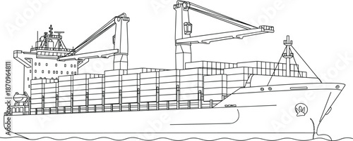 Large Container Cargo Ship with Integrated Deck Cranes Carrying Freight Goods on Ocean Water Vector Illustration Isolated Line Art for Commercial Logistics