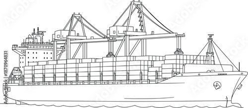 Large Container Cargo Ship with Gantry Cranes Loading Freight Goods on Ocean Water Vector Illustration Isolated Line Art for Global Logistics