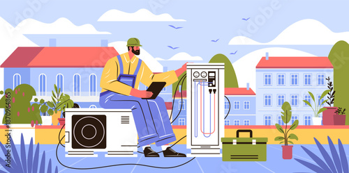 HVAC technician outdoor maintenance service worker checking air conditioning unit with digital tablet residential background plants toolbox modern flat