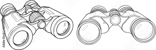 Set of Professional Binoculars Line Art Illustration for Bird Watching Outdoor Adventure Exploration and Nature Discovery Equipment Isolated on White Background