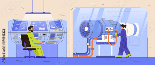 Engineers operating industrial control panel turbine testing laboratory high tech equipment modern workspace blue orange tones