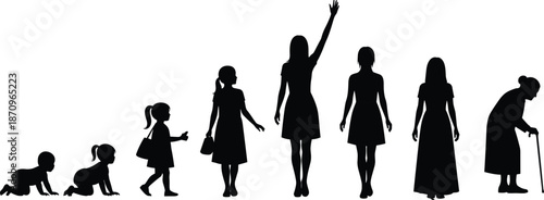 Silhouette Illustration Showing Female Life Cycle Stages from Infancy and Childhood to Adulthood and Elderly Senior Woman with Walking Cane