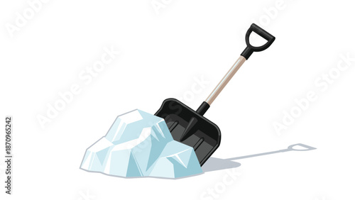 Vivid pixel art representation of a black shovel standing in a freshly shoveled pile of ice or snow, symbolizing winter work and effort.