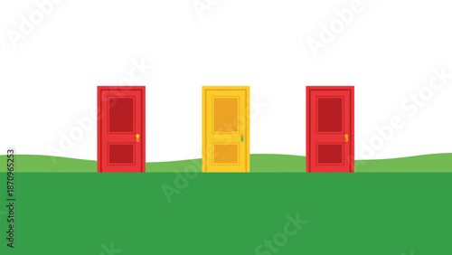 Intriguing pixel art scene featuring three colorful doors, one yellow and two red, standing in a vibrant green landscape, representing choice and opportunity.
