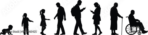 Vector Silhouette Illustration Set Showing Human Life Cycle Stages from Childhood to Senior Age with People Using Smartphones and Mobile Technology