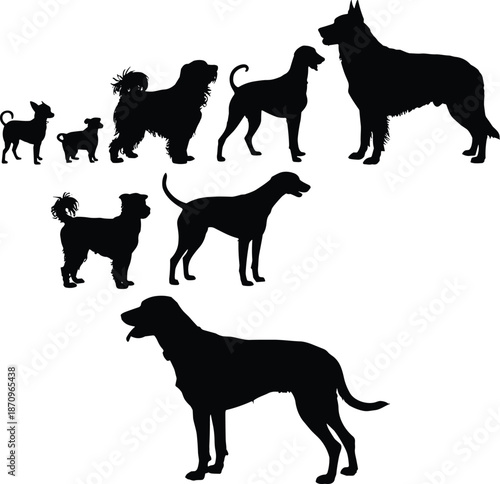 Vector Silhouette Collection of Multiple Dog Breeds with Large Central Outline for Animal Lovers Pet Care Branding and Educational Coloring Book