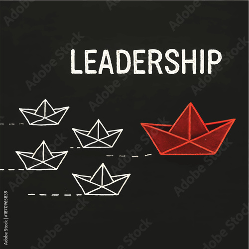 Leading the Way: A striking visual of a red paper boat leading a fleet of white paper boats against a stark black backdrop. Illustrating strong leadership and direction.