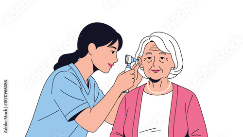 Compassionate female nurse or doctor performing an ear examination on an elderly woman with an otoscope, symbolizing dedicated senior healthcare services.