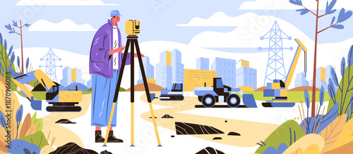 Surveyor construction site worker measuring land with equipment surrounded by excavators city buildings cranes power lines nature background web banner
