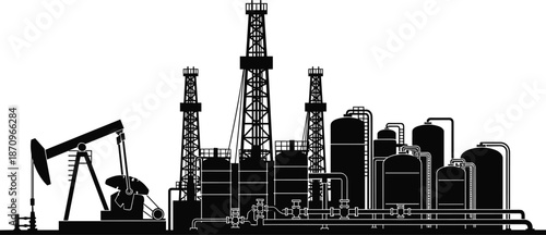 Oil refinery industrial silhouette vector illustration, petroleum production plant with pumpjack, storage tanks, drilling towers, energy industry infrastructure, isolated black design