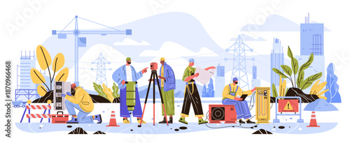 Construction workers skilled trades teamwork building site professionals operating equipment blueprints electrical and HVAC repair city background flat