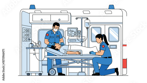 Dedicated paramedics providing urgent medical care to a patient on a stretcher inside a fully equipped ambulance, illustrating emergency services.