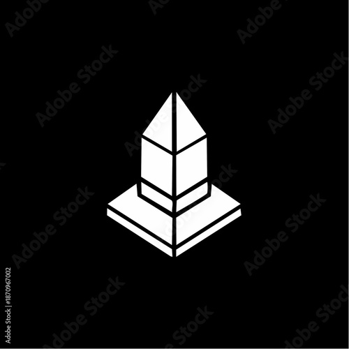 Abstract white geometric pillar icon on a solid black background, featuring a stylized isometric design with a square base and pyramidal top.