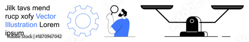 Business ethics, legal balance, decision-making, process management, problem-solving, workflow systems. Gear, human figure and balanced scales. Business ethics and decision-making imagery