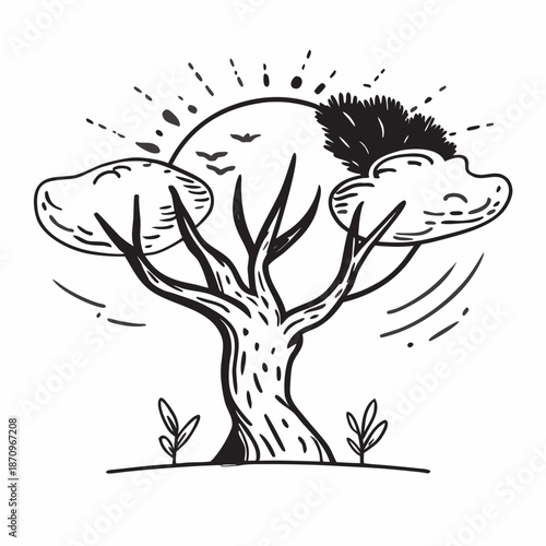 Whimsical tree with clouds and sunburst Vector