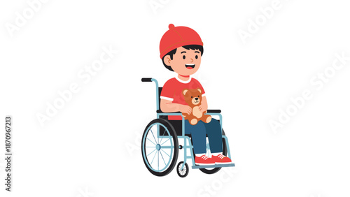 Joyful young boy with a disability sitting in a wheelchair, holding a brown teddy bear and smiling brightly, highlighting resilience and happiness.