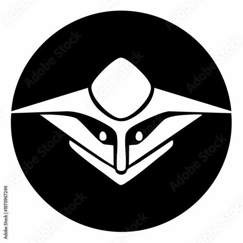 Abstract geometric white face or mask design on a black circular background, resembling a futuristic creature or stylized animal.