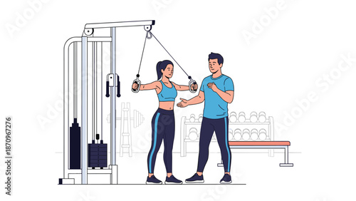 Professional personal trainer guiding and assisting a woman using a cable cross machine in a gym, emphasizing fitness and proper exercise technique.