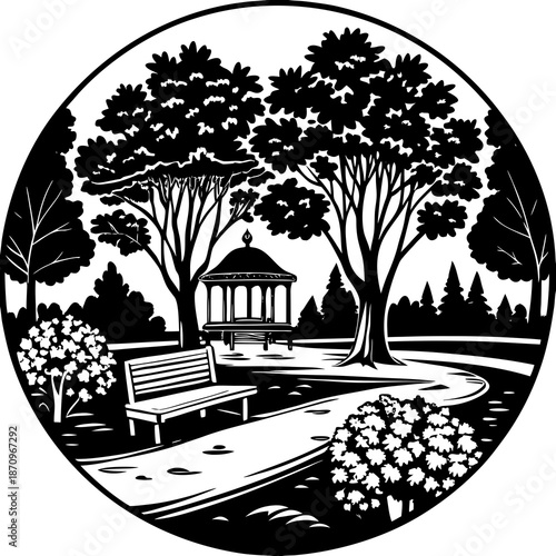 Serene park scene with gazebo and bench Vector