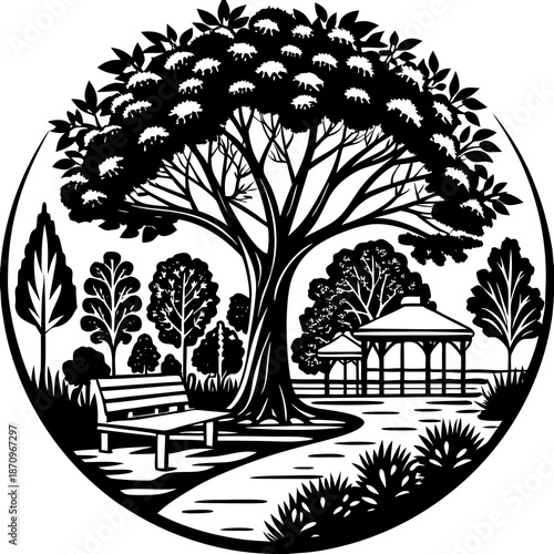 Serene garden scene with lush tree and gazebo Vector