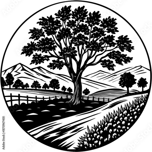 Serene countryside landscape with majestic tree Vector