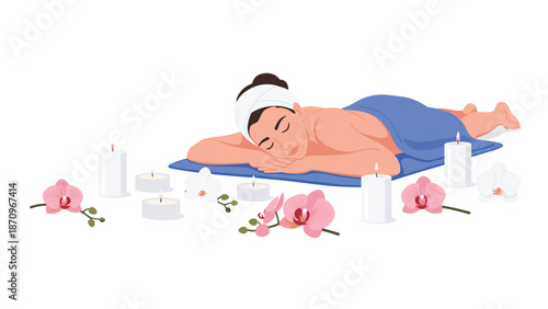 Serene woman enjoying a relaxing massage, surrounded by lit candles and elegant orchid flowers, creating a tranquil spa atmosphere.