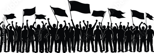 Silhouette crowd protest with raised fists and waving flags, social movement demonstration concept, black white vector illustration for activism and freedom themes