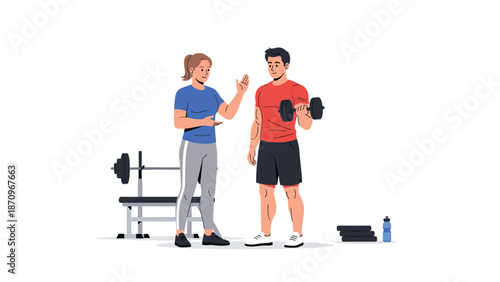 Dedicated personal trainer offering guidance to a man performing dumbbell curls in a gym, highlighting focused fitness instruction and support.