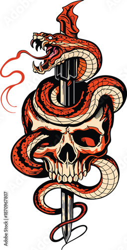 Fierce red snake coiled around dagger and skull illustration, aggressive tattoo style artwork, dark fantasy vector design with serpent, blade and skull symbolizing danger, death, power and rebellion